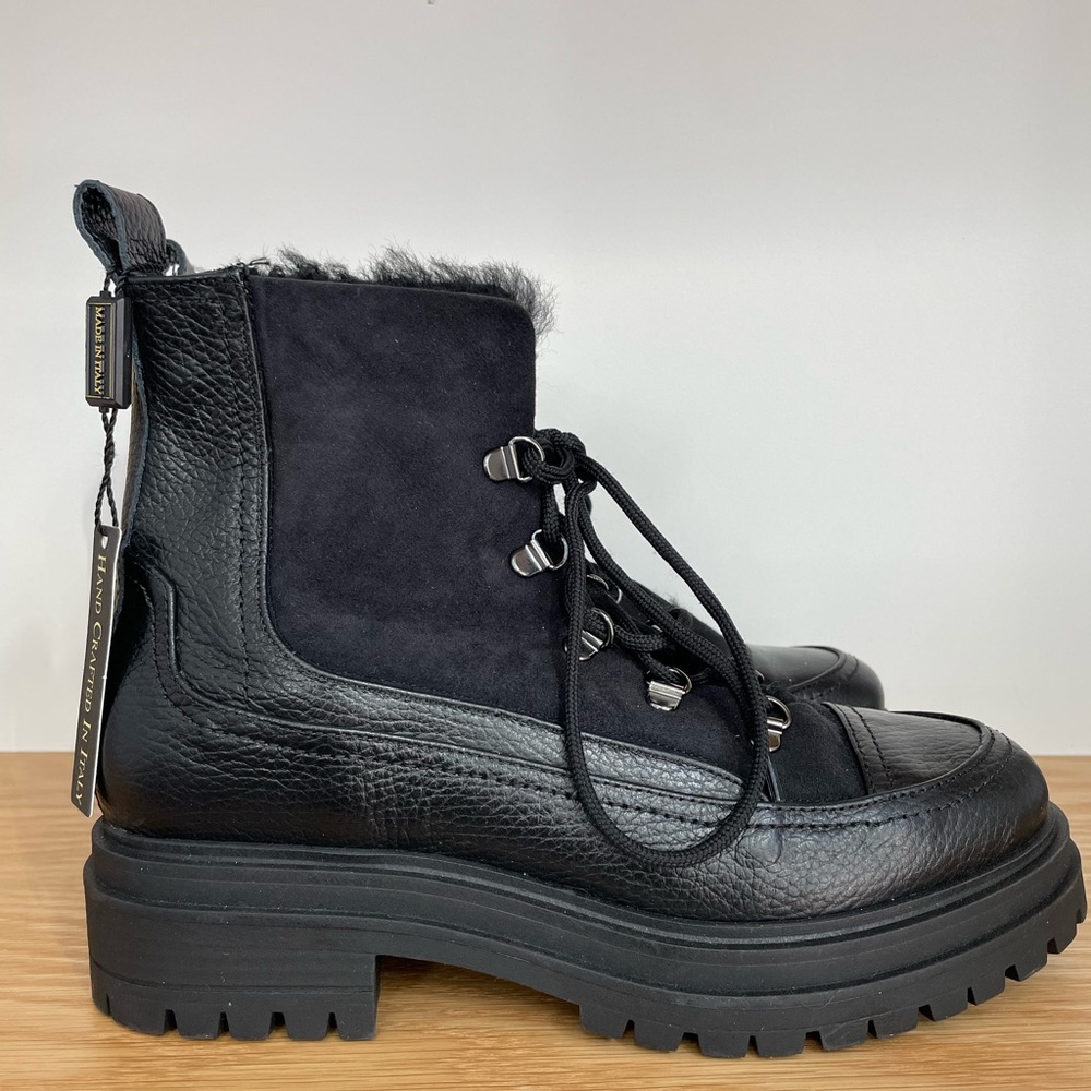 NAPOLEONI Made In Italy Lace Up Shearling Booties Black